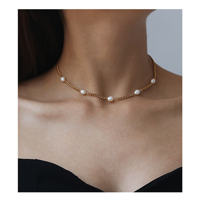 Wholesale Titanium Steel Gold Plated Natural Freshwater Pearl Choker Necklace Chic Everyday Jewelry For Women