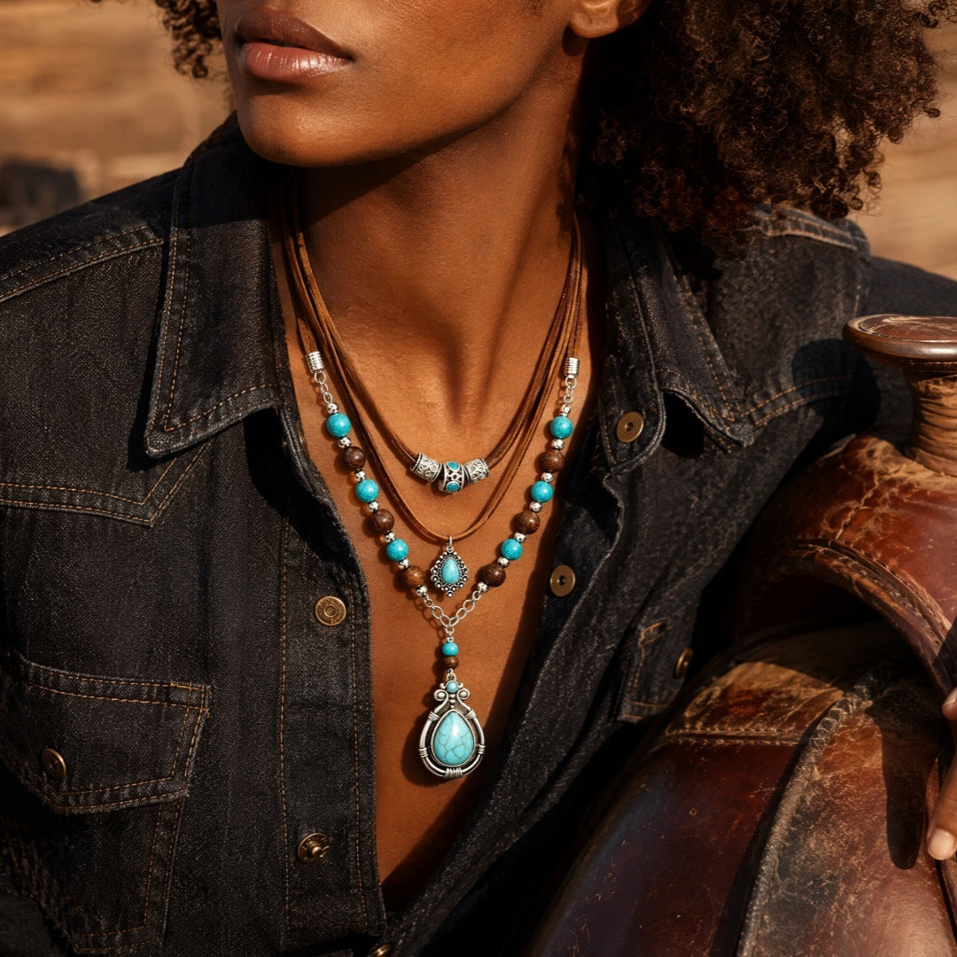 Wholesale Vintage Western Cowboy Multi Layer Turquoise Wood Bead Necklace Set Trendy Jewelry Accessory