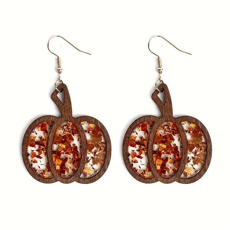 Wholesale  Pumpkin Wood Earrings Retro Leaf Design Jewelry Accessory Fall Gift