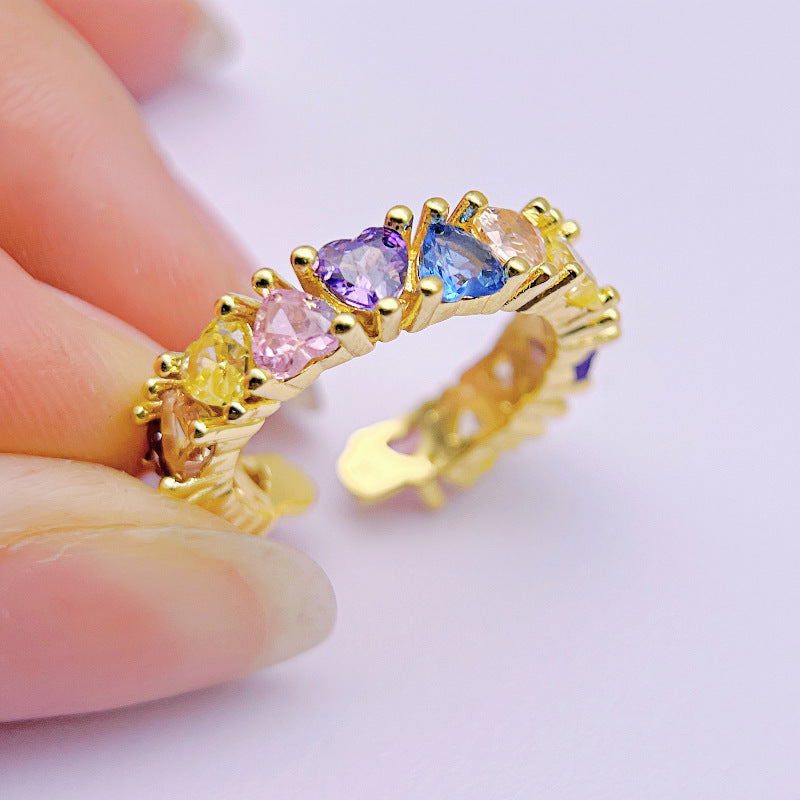 Wholesale Rainbow Hip-hop Style Ring Light Luxury Colorful Love Zircon Open Rings ACC-RS-YXY045