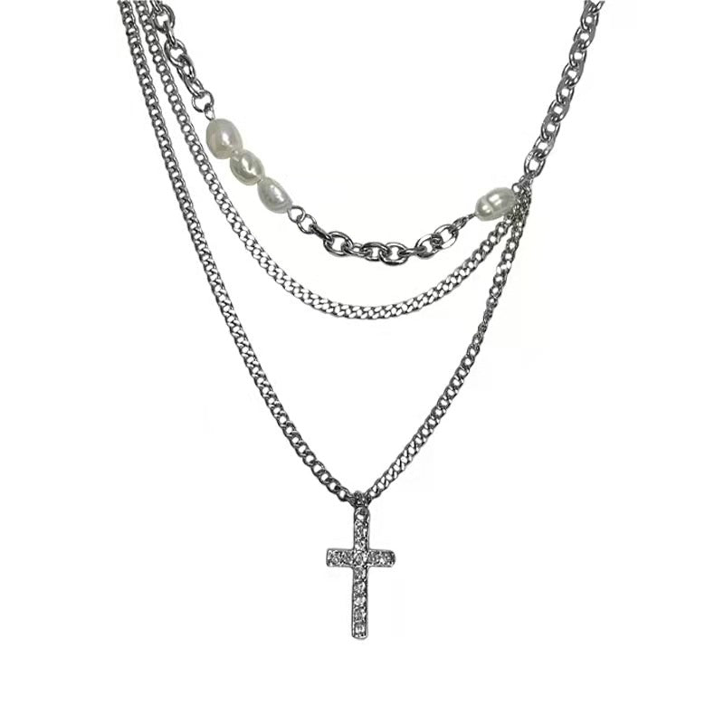 Wholesale Multi-layer Chain Pearl Cross Stitching Necklace Titanium Steel ACC-NE-NS007