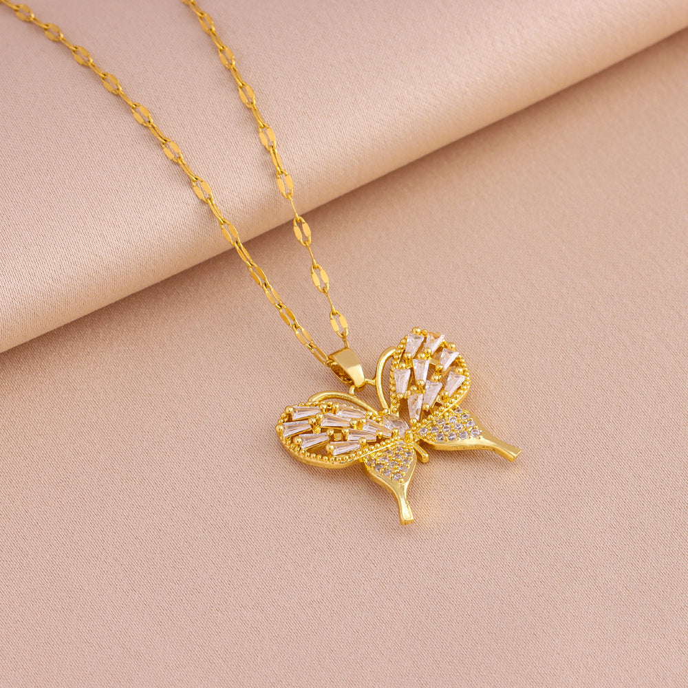 Wholesale  Titanium Steel plated 18K gold full zirconium butterfly necklace earrings set