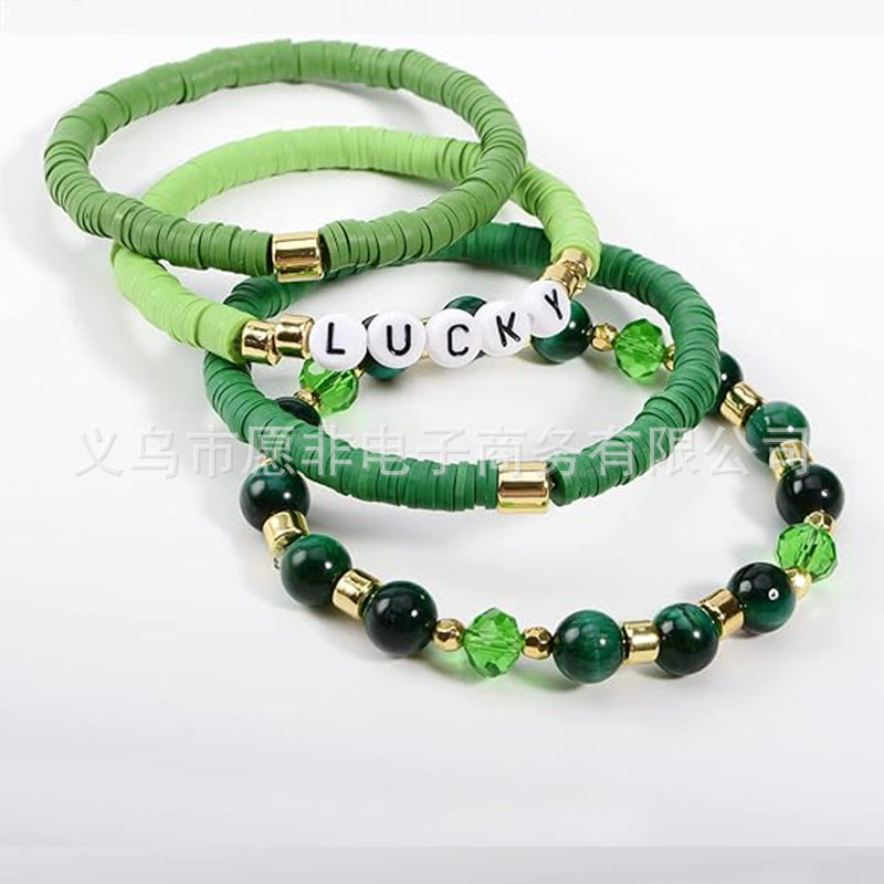 Wholesale St. Patrick's Day Green Stackable Clay Soft Pottery Beaded Stretch Bracelet