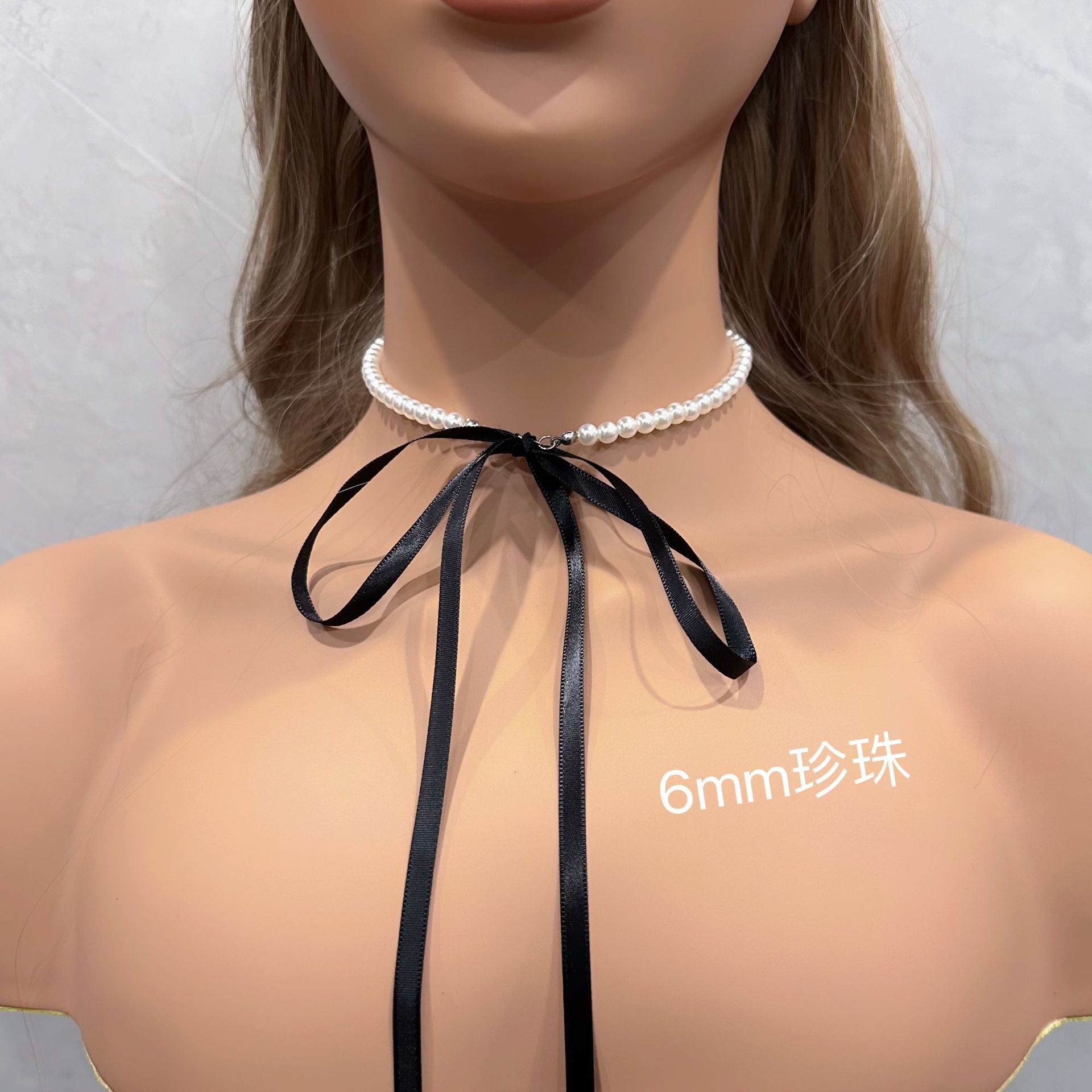 Wholesale Black Bow Tie-up Pearl Necklace Clavicle Chain Necklace