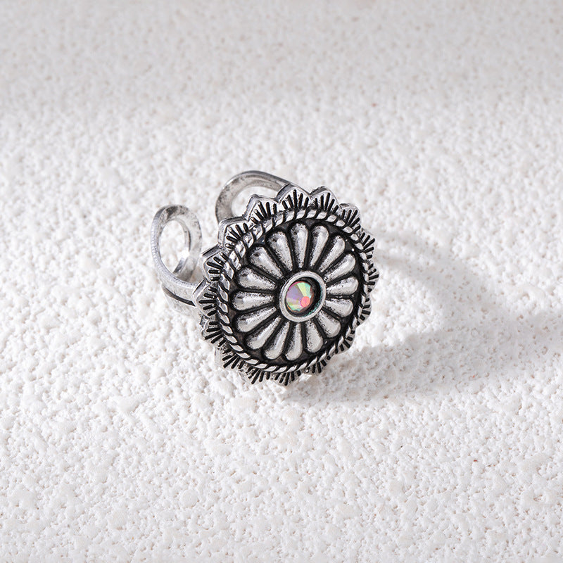Wholesale Vintage Bohemian Turquoise Flower Ring,  Alloy Electroplated Pinky Ring,  Trendy Fashion Accessory for Resale