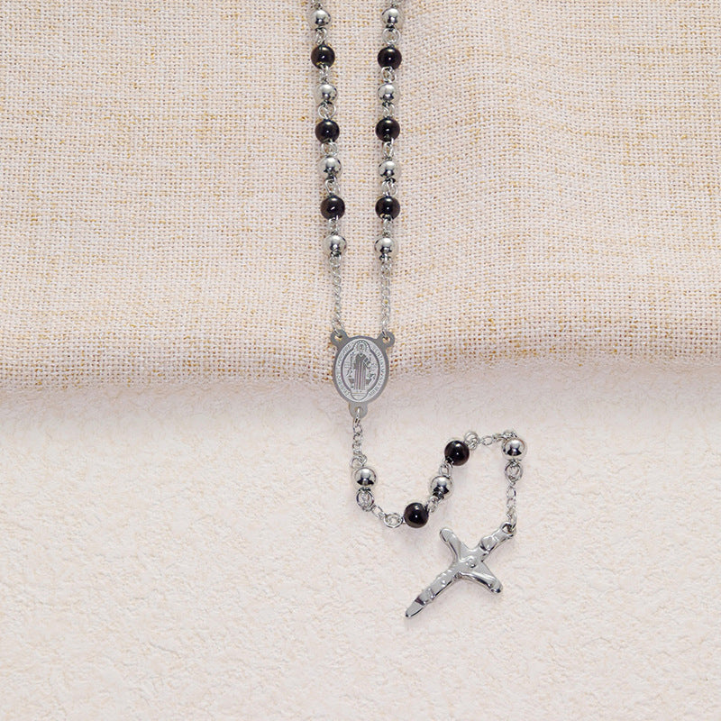 Wholesale  Round Bead Chain Stainless Steel Priest Cross Necklace Jewelry