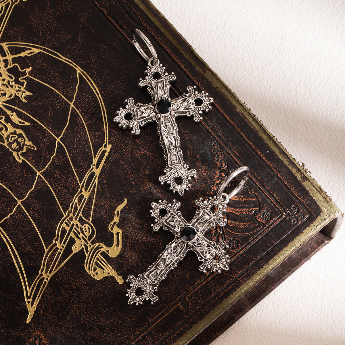 Wholesale Exaggerated antique silver alloy flower vine cross earrings