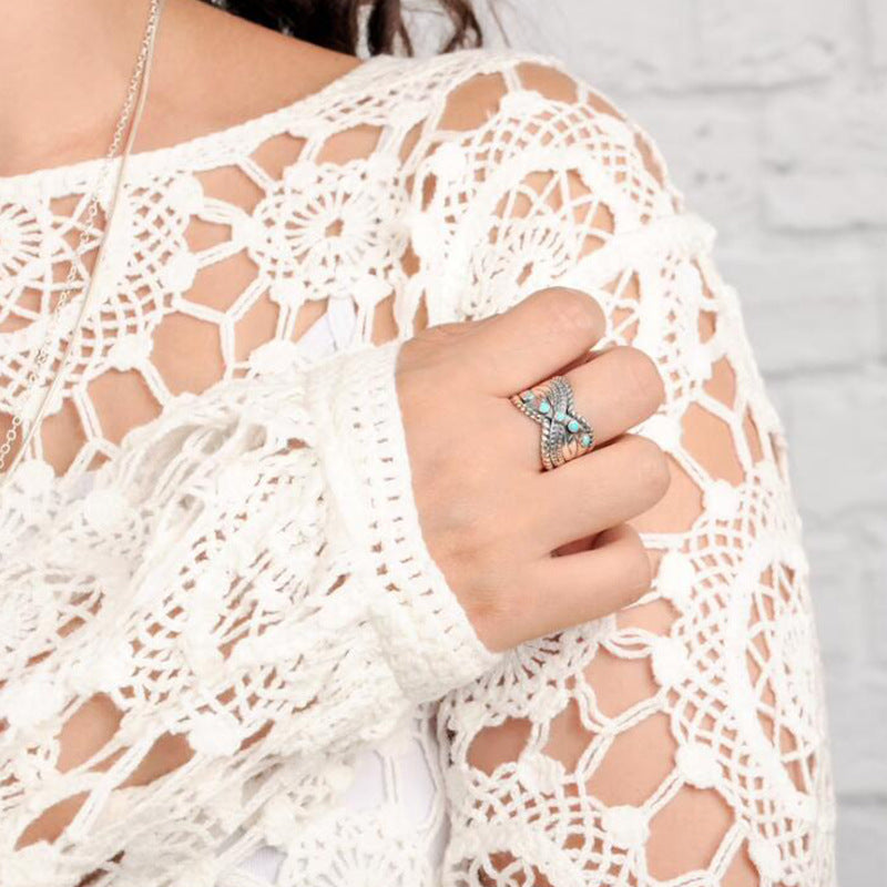 Wholesale Vintage Bohemian Turquoise Ring Ancient Silver Tone Fashion Accessory For Gift And Resale