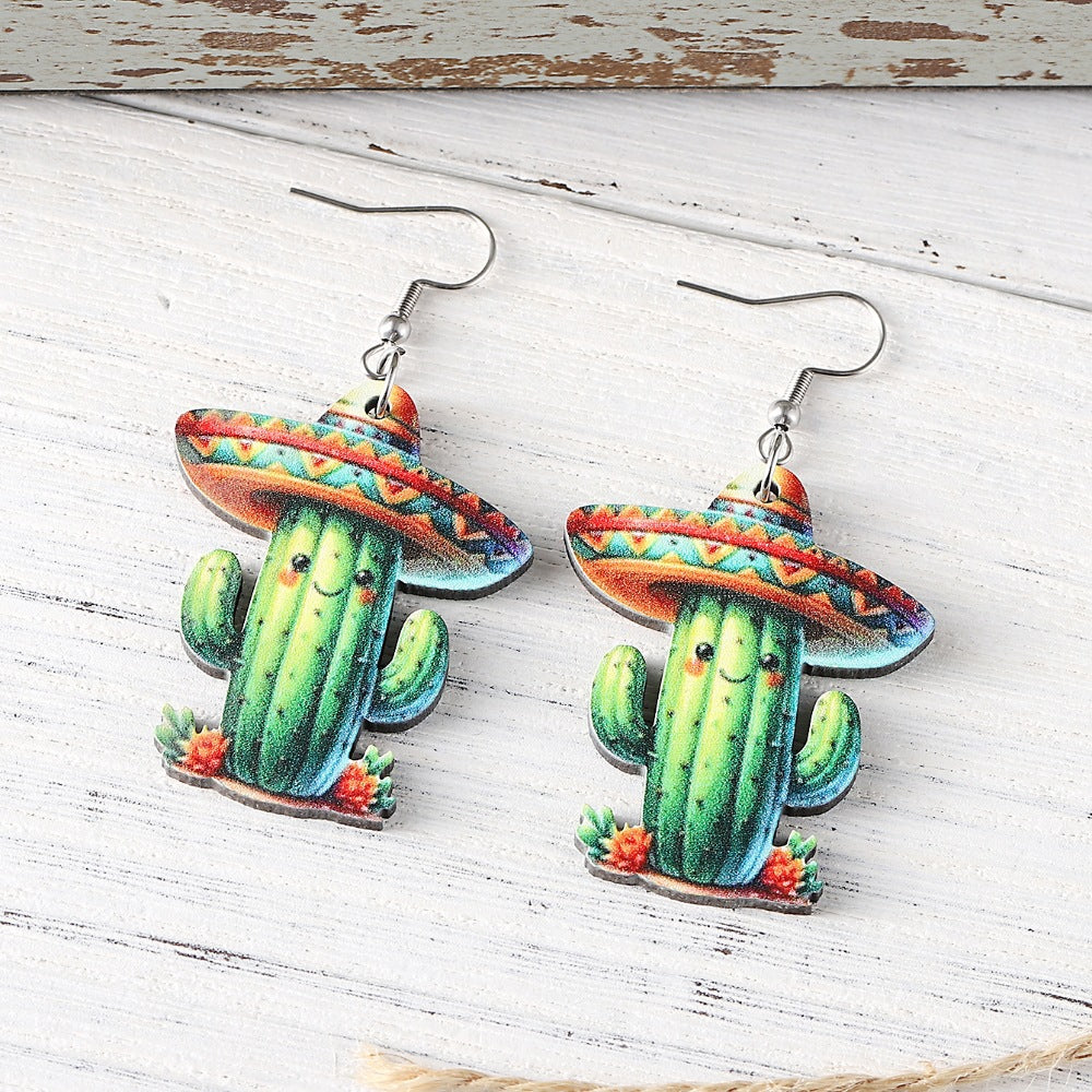 Wholesale Mexico Fifth Festival of the Dead Straw Hat Funny Cactus Pendant Earrings