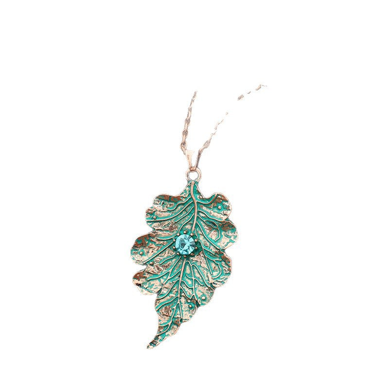 Wholesale Vintage-Style Distressed Leaf Vein Pendant Necklace — Antique Bronze &  Lake Green Enamel Leaf with Blue Crystal Accent — Forest-Themed Alloy Jewelry