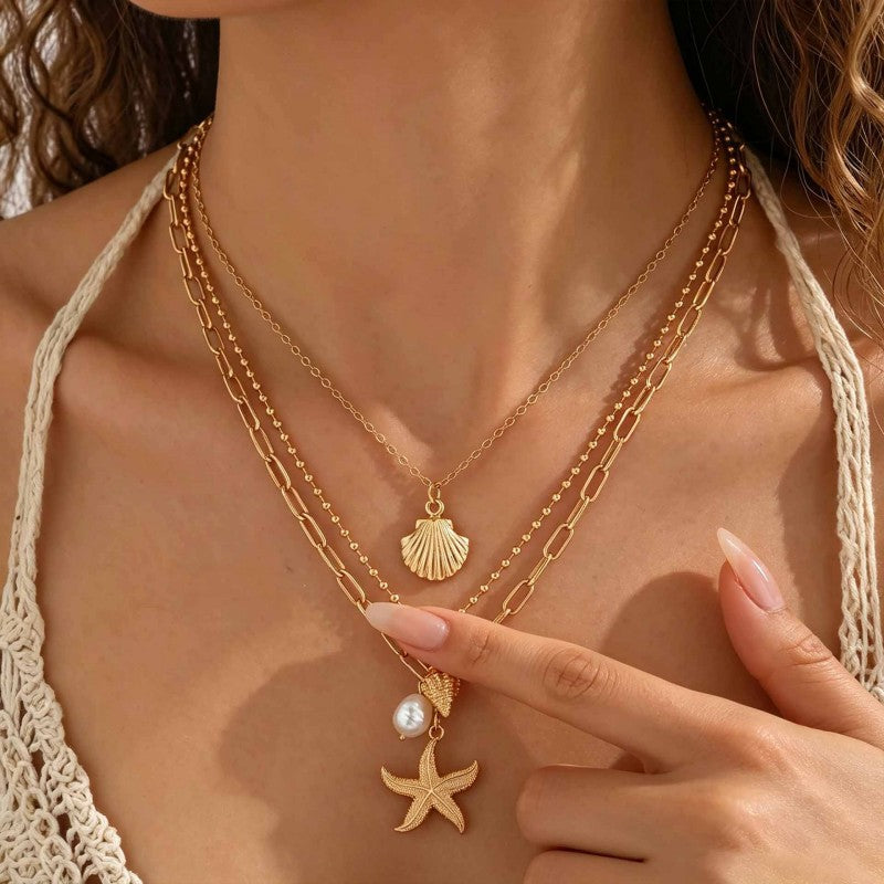Wholesale Trendy Ocean Themed Layered Pendant Necklace Gold Tone Alloy Starfish Conch Shell Collarbone Chain Fashion Accessory Boutique Resale
