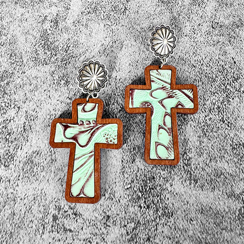 Wholesale Wooden and leather cross leopard print earrings