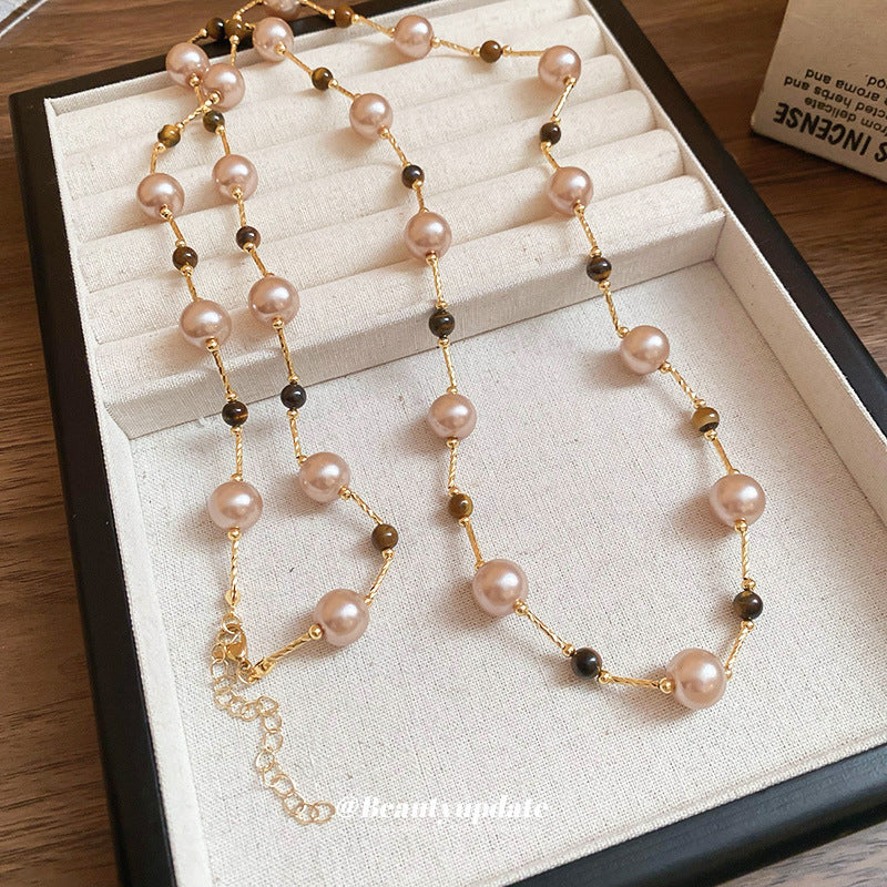 Wholesale  tiger's eye  pearl necklace  sweater  light luxury necklaces