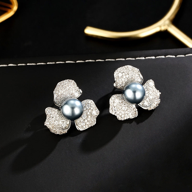 Wholesale full of diamond petals new fashion zircon  flower pearl earrings
