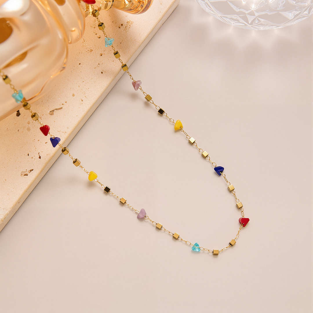 Wholesale Light Luxury Dopamine Style Square Titanium Steel Necklace with Colorful Zirconia
