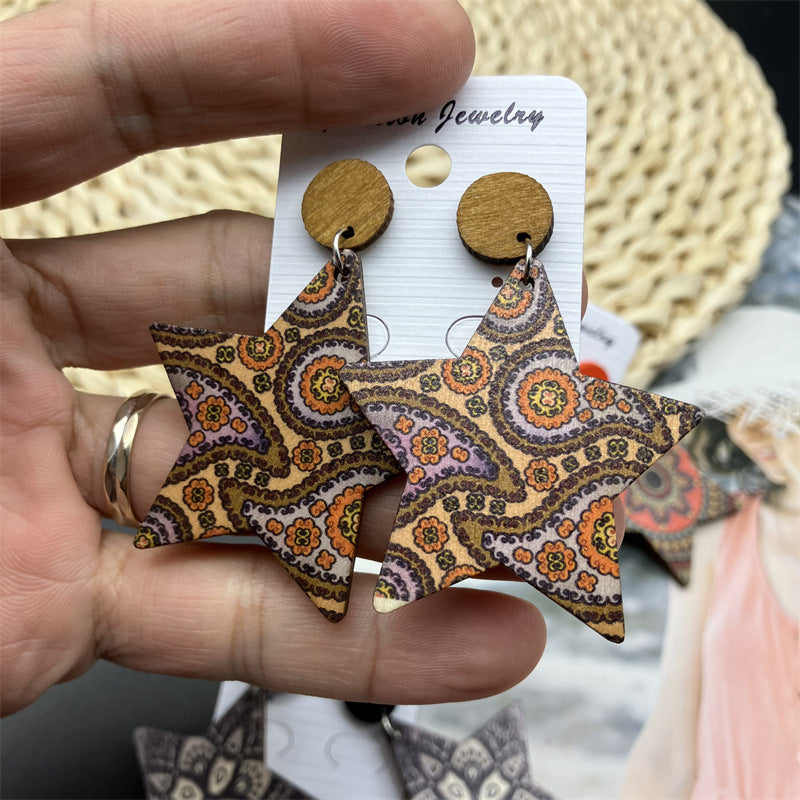 Wholesale Five-pointed Star Retro Ethnic Style Wood Earrings ACC-ES-FX037
