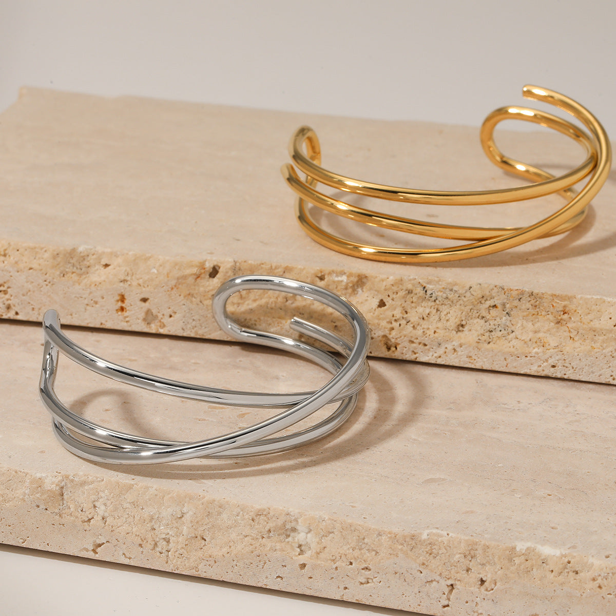 Wholesale  cross-line geometric bracelet open metallic stainless steel bracelet