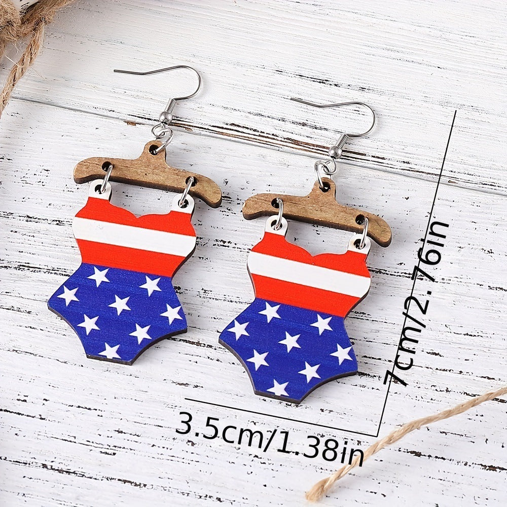 Wholesale of American Independence Day Five Pointed Star Rainbow Bull Head Heart Wooden Double Sided Earrings ACC-ES-ChuLian015