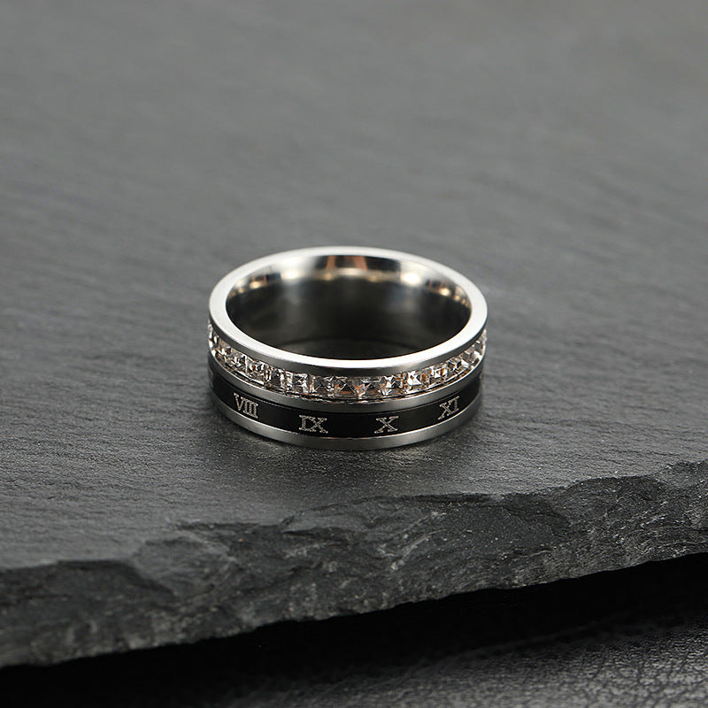 Wholesale Gypsophila Diamond Rotatable Roman Numeral Stainless Steel Ring ACC-RS-ZhongQi010