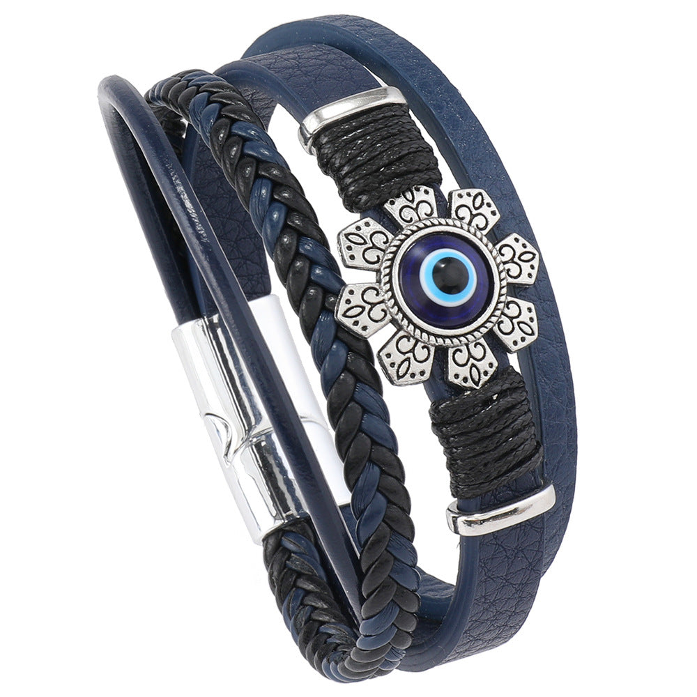 Wholesale Leather multi-layered floral evil eye bracelet