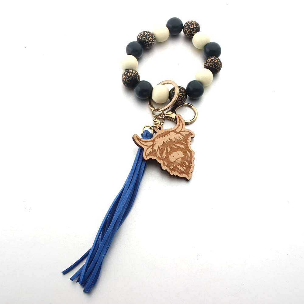 Wholesale Western Style Cow Tassel Wood Beads Beaded Wristlet Keychain ACC-KC-JinAn014