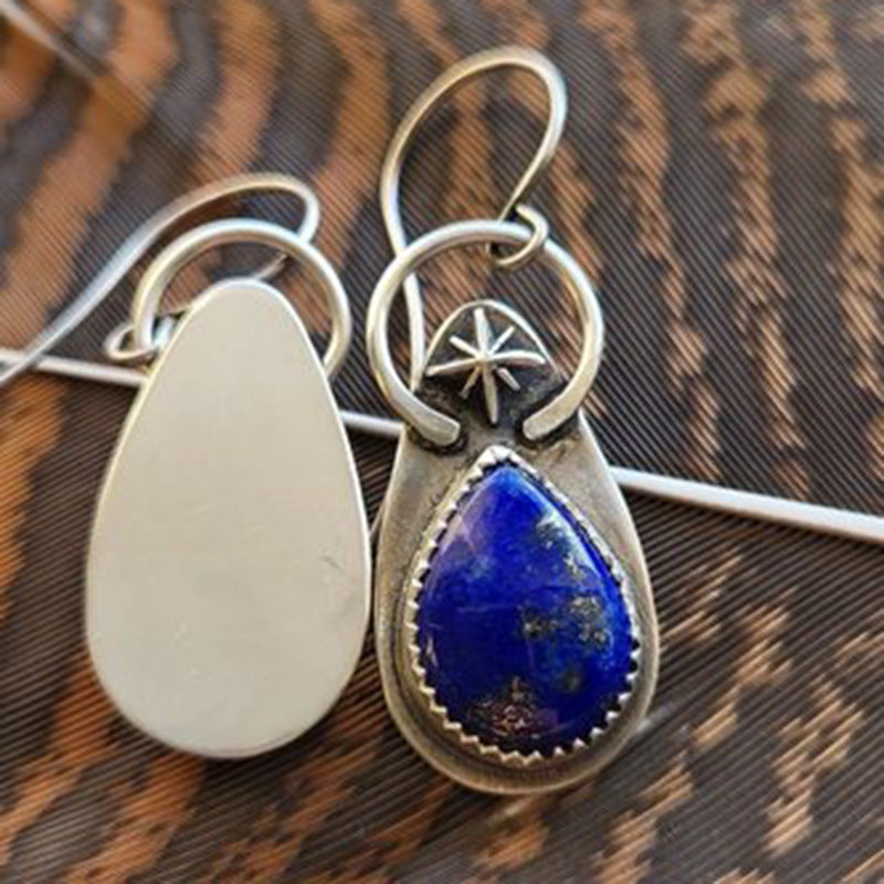 Wholesale  Lapis Lauerite Earrings  Ancient Silver Carved Metal Bamang Star Earrings