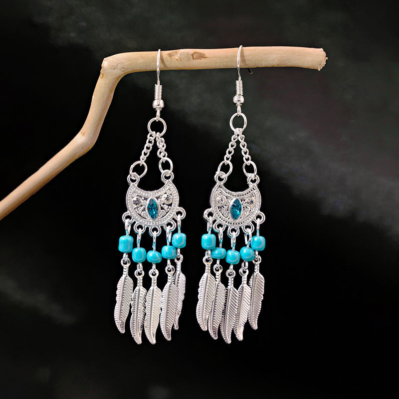 Wholesale Ethnic Style Long Feather Alloy Tassel Earrings ACC-ES-MDD023