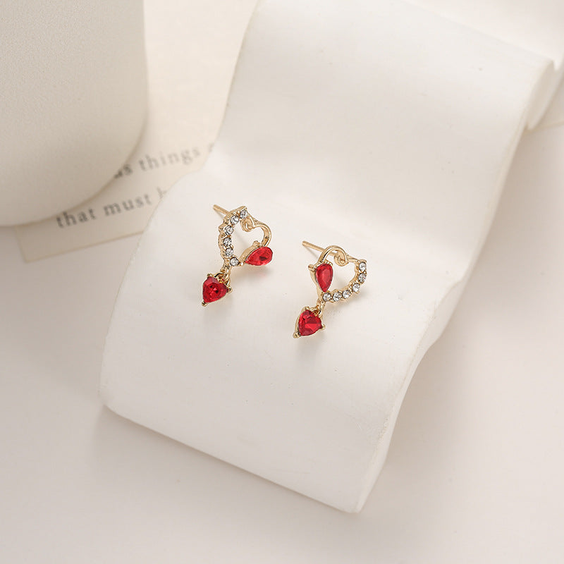 Wholesale Silver Needle Zircon Earrings Small Red Heart Shaped Zircon Earrings