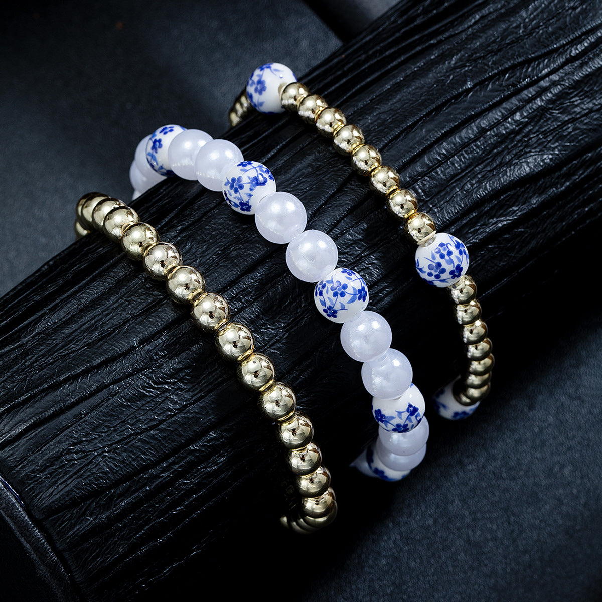 Wholesale Blue and white ceramic beads imitation pearl beaded elastic anklet for women