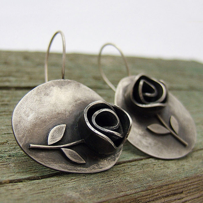 Wholesale Bohemian asymmetric leaf rose flower earrings