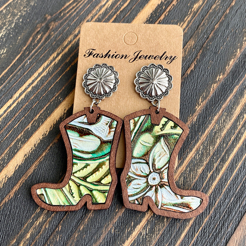 Wholesale Western Denim boots earrings  leopard leather  earrings