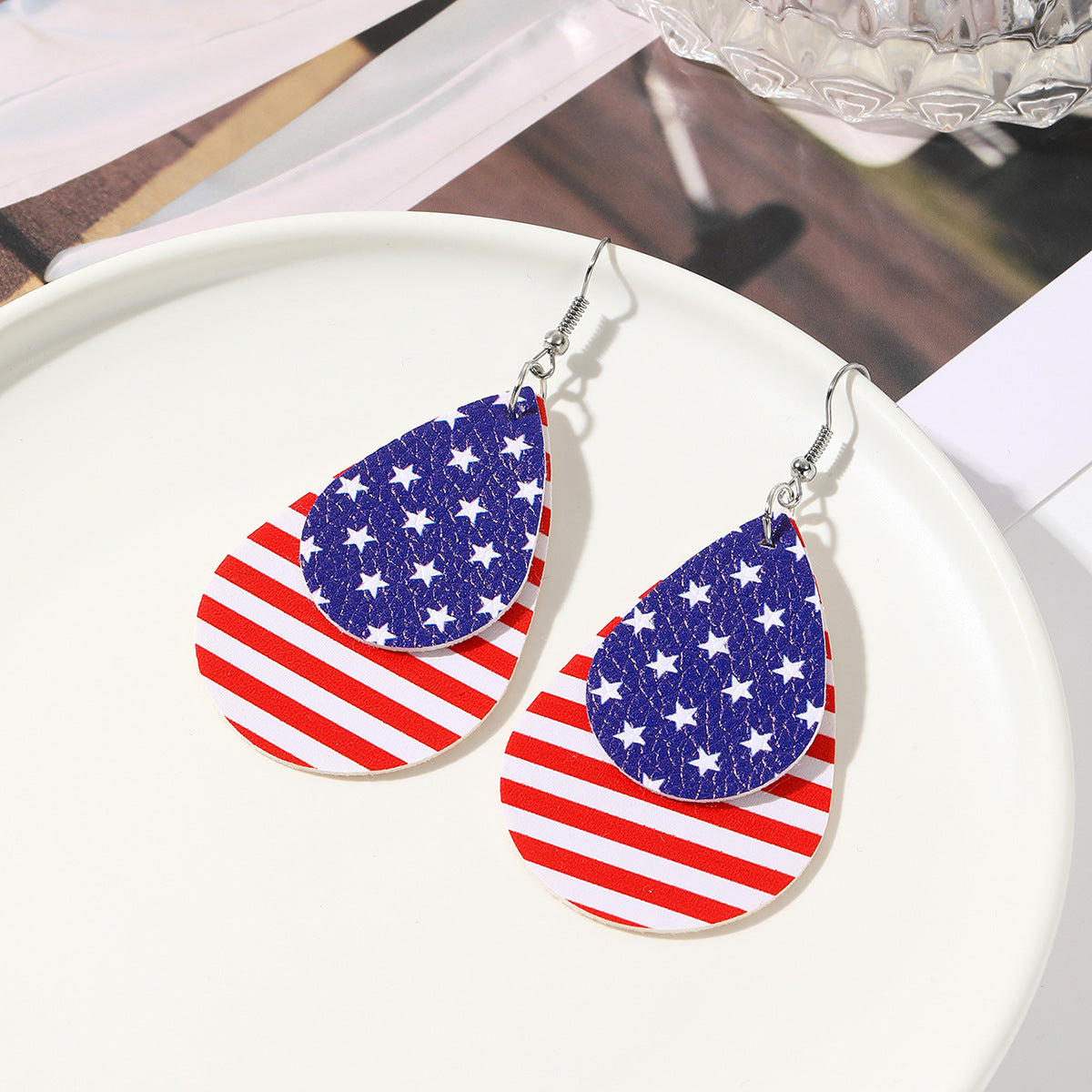 Wholesale  Double-layer Teardrop-shaped PU Leather Earrings suit American Flag Independence Day Earrings