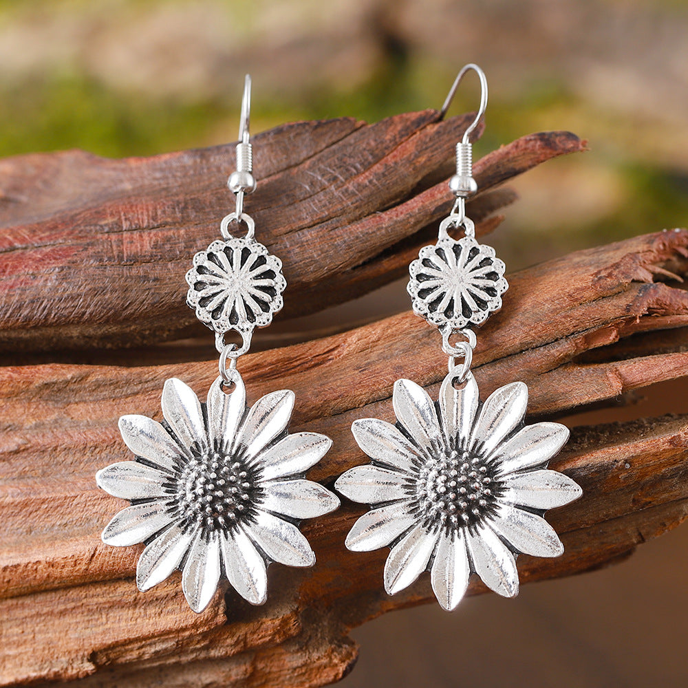 Wholesale Retro Three-dimensional Sunflower Pendant Earrings