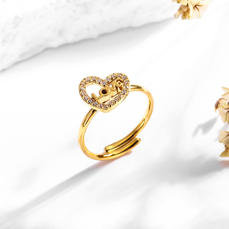 Wholesale 2PCS Titanium steel heart-shaped zircon open ring