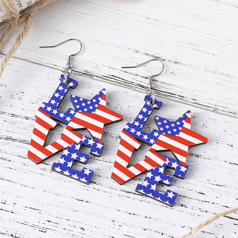 Wholesale American Independence Day Red White Blue Flag Striped Stars Sunflower Double Sided Earrings