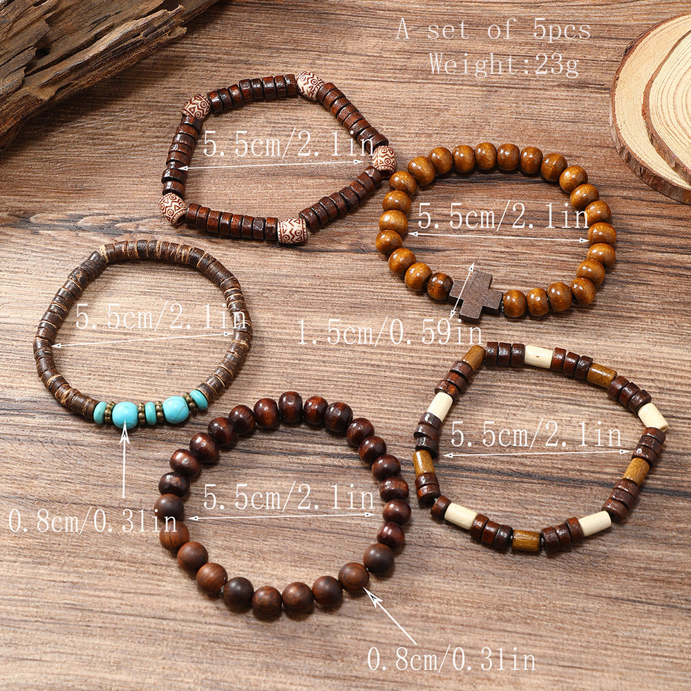 Wholesale Handmade Beaded Bracelet Men's Retro Fashion Turquoise Cross Five-piece Bracelet