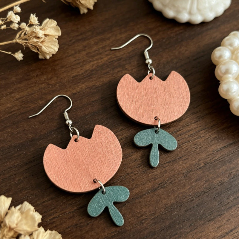 Wholesale Wooden Tulip Earrings Two-Layer with Green Leaves Forest Style Fashion Accessory Party Gift