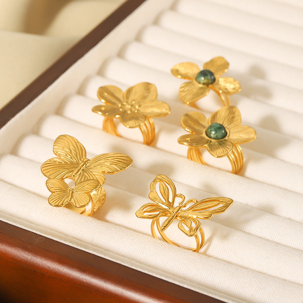 Wholesale Golden Flower Butterfly Stainless Steel 18k Gold Plated Turquoise Open Ring ACC-RS-Xiny003