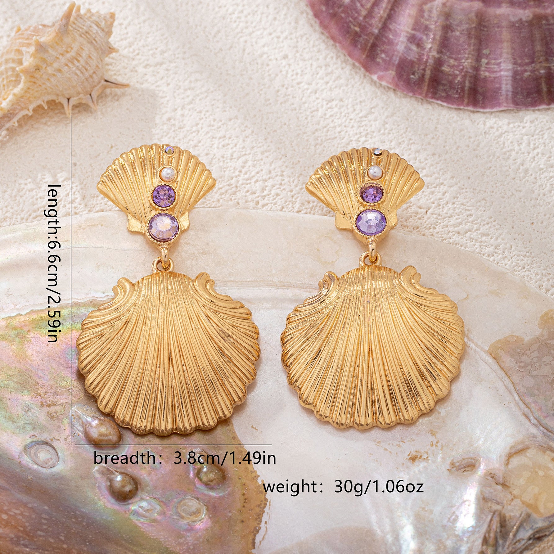 Wholesale Trendy Vacation Style Purple Pearl Shell Gold Tone Earrings Zinc Alloy Fashion Accessory For Women Boutique Resale