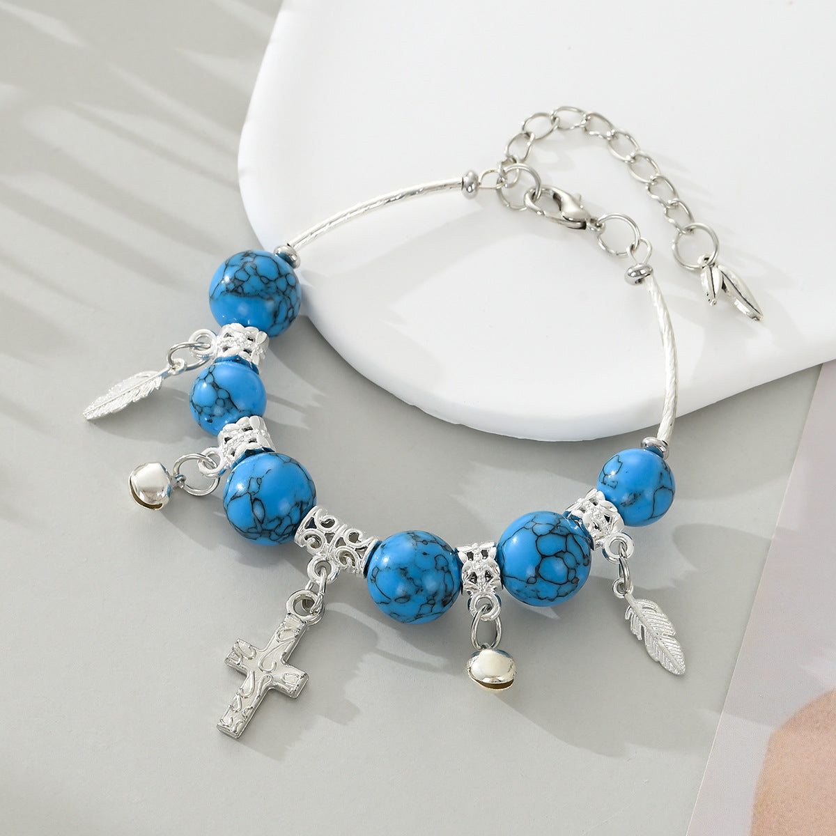 Wholesale Natural turquoise malachite cross bell bracelet