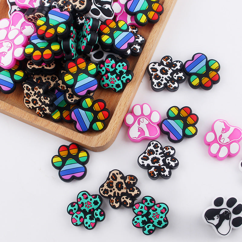Wholesale 10pcs Cartoon Leopard Print Rainbow Dog Paw Silicone Beads Focal Beads DIY Beadable Pen Accessories ACC-BDS-GuangTian023