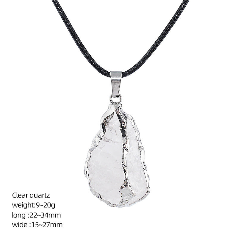 Wholesale Natural Crystal Raw Stone Pendant Necklace with Leather Rope Chain Irregular Hand-Hammered Electroplated Fashion Jewelry