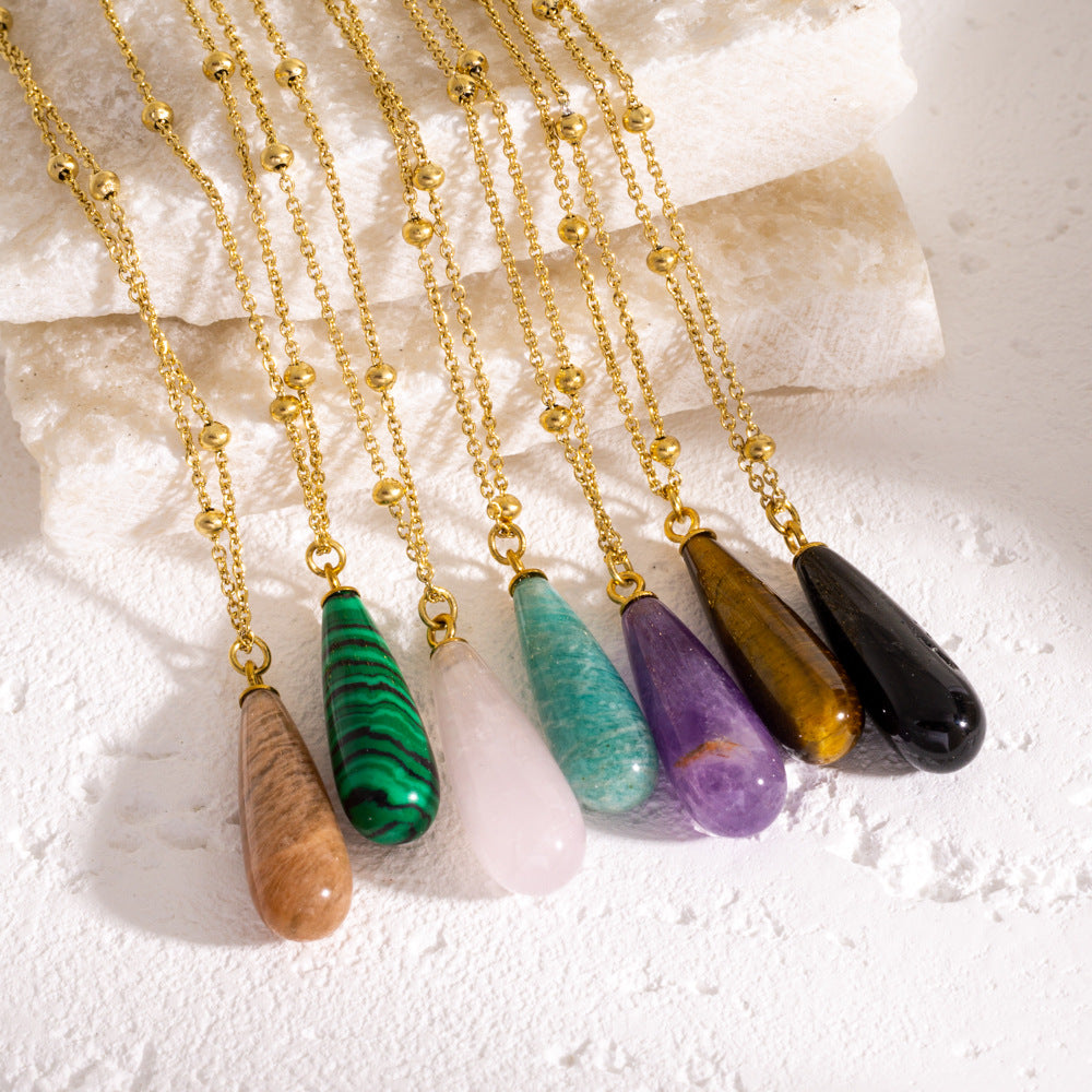 Wholesale Drop-shaped Natural Stone Pendant Stainless Steel Necklace