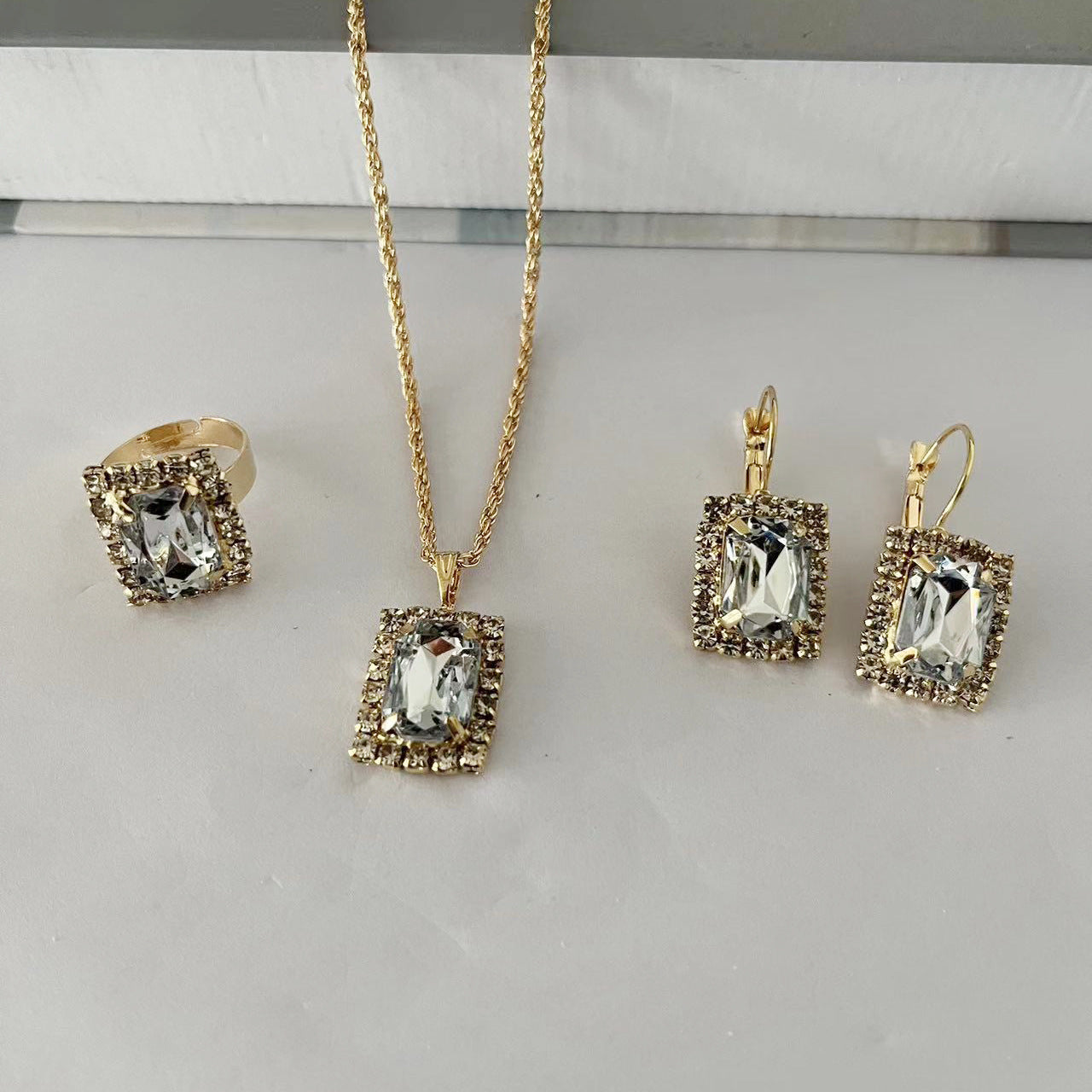 Wholesale Water Drop Heart Rhinestone Set Necklace Earrings Ring ACC-NE-AnHe005