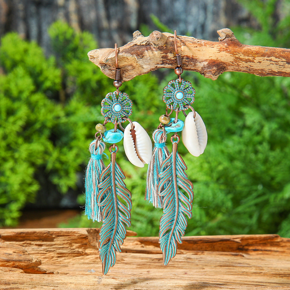 Wholesale Vintage Leaf Pendant Tassel Earrings Alloy Hollow Carved Fashion Jewelry