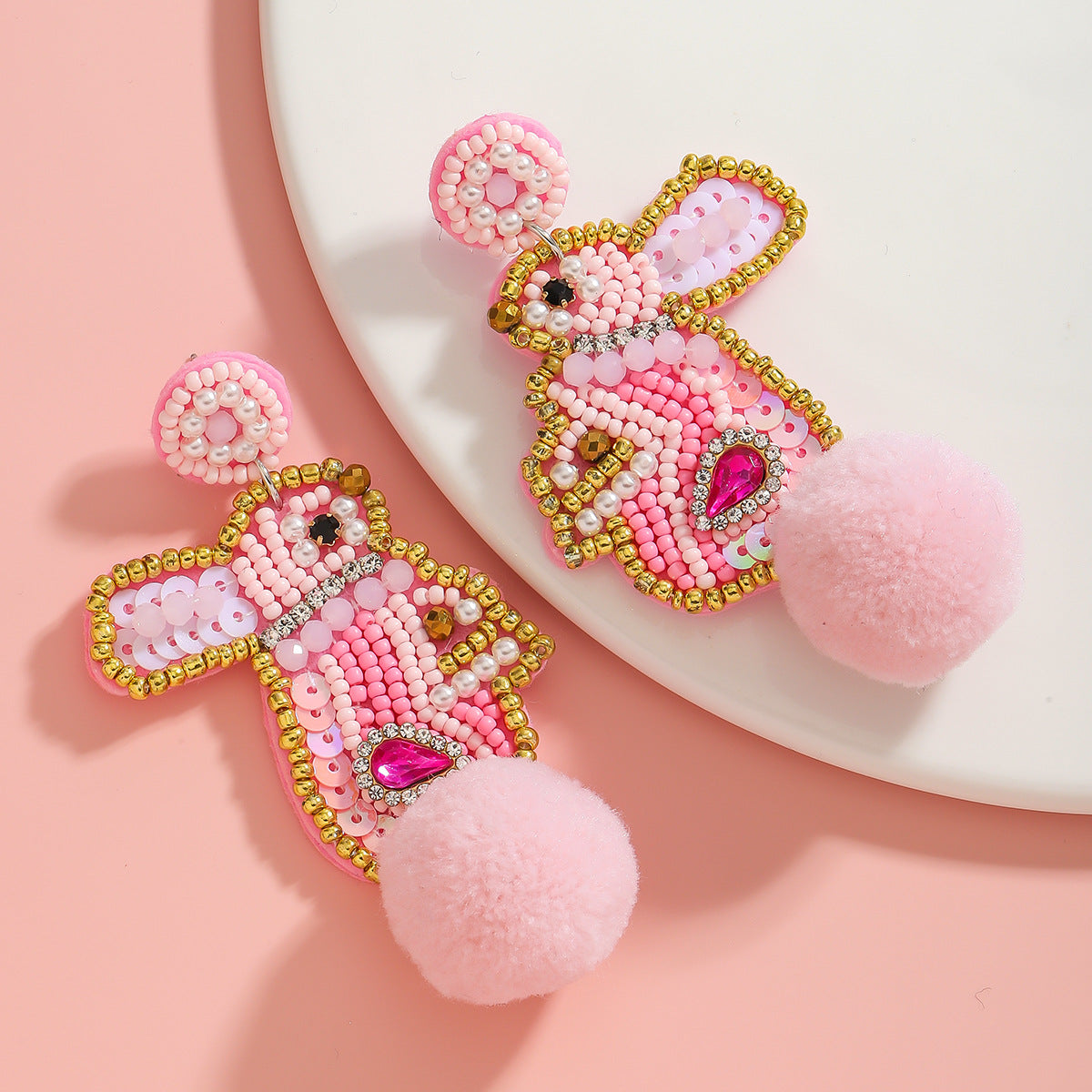 Wholesale cute handmade rice beads pink bunny easter earrings