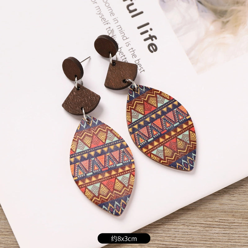 Wholesale Bohemian Wooden Ear Studs Geometric Stripe Ethnic Print Fashion Jewelry Accessory Boutique Gift