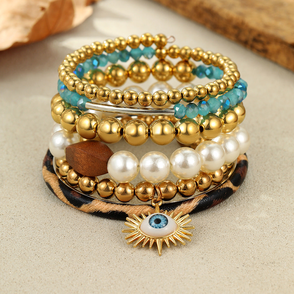Wholesale Vintage Stacked Turquoise Cross Beaded Pearl Turkish Eye Bracelet Set