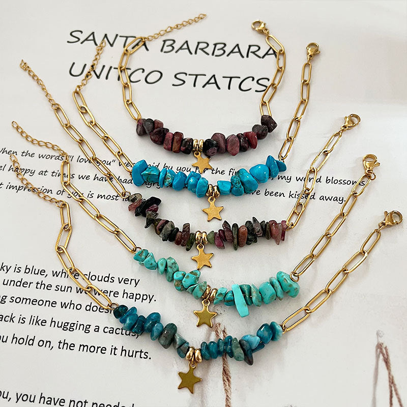 Wholesale natural stone gravel five-pointed star  stainless steel bracelet