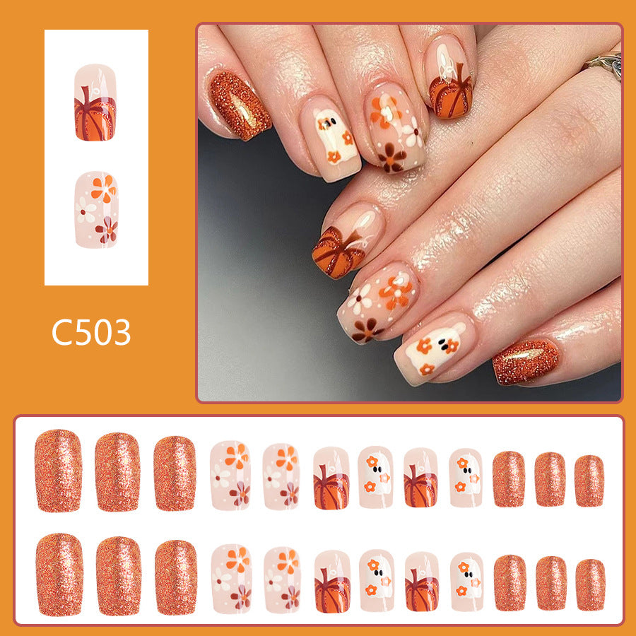 Wholesale 24 Pieces/box Flowers Pumpkin Halloween Press-on Nails Kits Nail Stickers ACC-NS-GuaiXL073